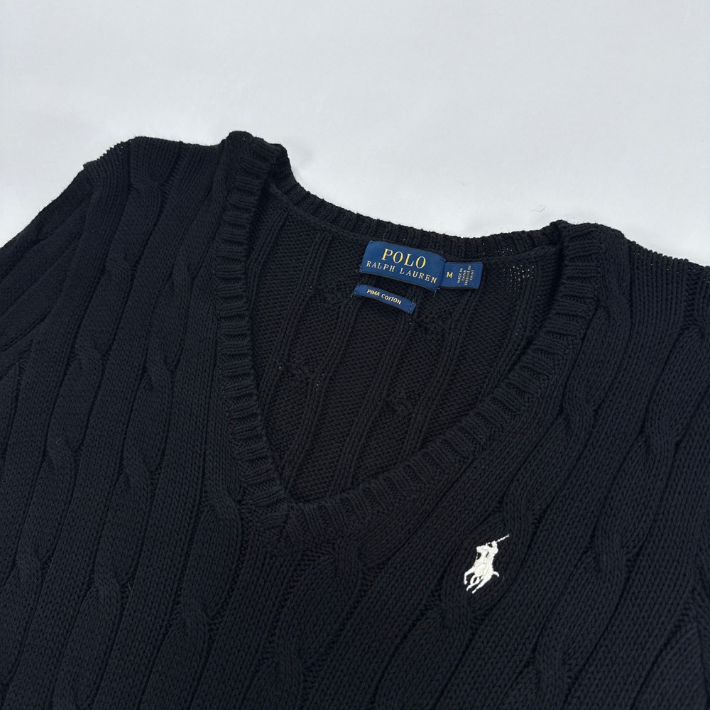 Polo Ralph Lauren Sweater Womens Medium M Black Cable Knit V Neck Pima Cotton